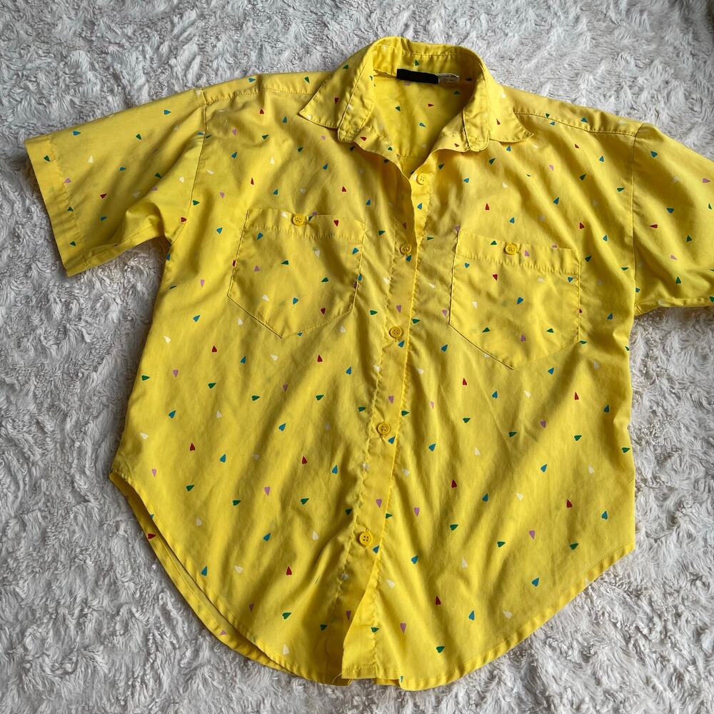 Vintage 80s 90s heart print yellow button-down shirt blouse oversized hearts S - Picture 8 of 17